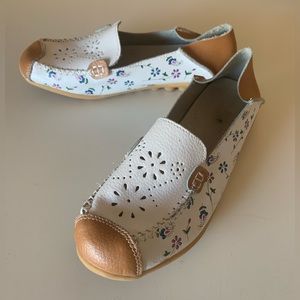 White Leather Laser Cut Slip On Shoes